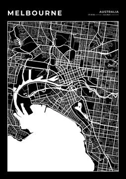 Melbourne Map Wall Art Frame, Cartography Map Print, City Layout Map Stock Illustration