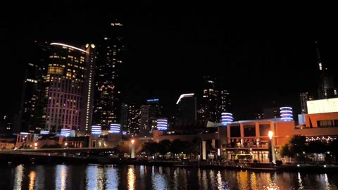 Melbourne at night during fire show - CBD, Yarra River Stock Footage 168916150