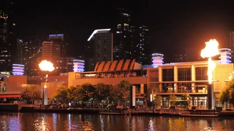 Melbourne at night during fire show on the banks of the Yarra River Stock Footage 168916151