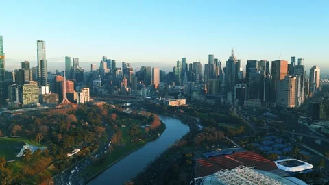 Melbourne With River And Parks, Drone Shot, 6K Stock Footage 333253375
