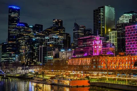 Melbourne riverside at night Stock Photos