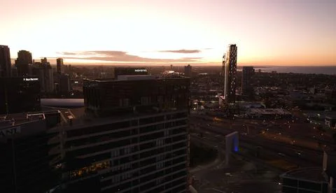 Melbourne Skyline lighted up with reflection in the river. Stock Photos