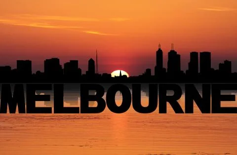 Melbourne skyline reflected with text sunset illustration Ilustración de archivo