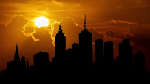 Melbourne Skyline, Time Lapse at Sunset with Red Sun and Fiery Sky, Australia Stock Footage 283128281