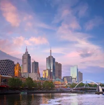 Melbourne skyline twilight square Stock Photos