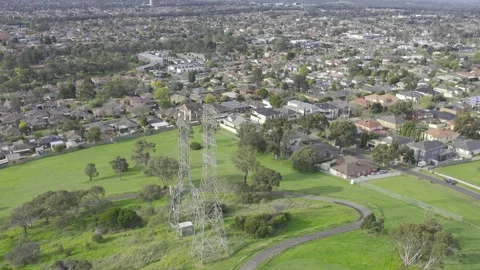 Melbourne Suburb with High-Voltage Power Pylon Stock Footage 317946599