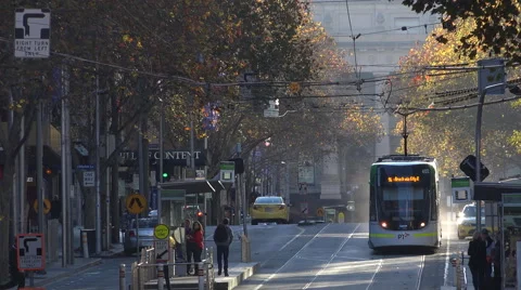 Melbourne Tram Bourke St Parliment in distance Stock Footage 52109556