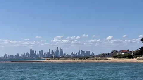 Melbourne: View towards CBD with Brighton Beach in Port Phillip Bay, 4K Stock Footage 297876054
