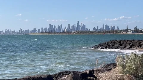 Melbourne: View towards CBD from Middle Brighton Beach in Port Phillip Bay, 4K Stock Footage 297769093