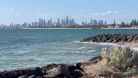 Melbourne: View towards CBD from Middle Brighton Beach in Port Phillip Bay, 4K Stock Footage 297769096