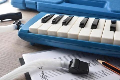 Melodica in case elements for the study elevated view Stock Photos