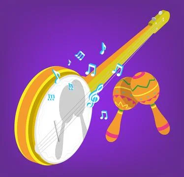Melody playing on string bungee and maracas. Musical notes fly off bungee s.. Stock Illustration