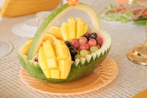 Melon Carving Fruit Basket Display Stock Photos