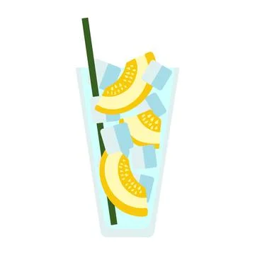 Melon cocktail vector illustration with yellow melon slices, ice cubes, and Stock Illustration