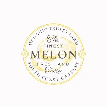 Melon Farm Round Frame Badge or Logo Template. Hand Drawn Fruit with Slice Stock Illustration