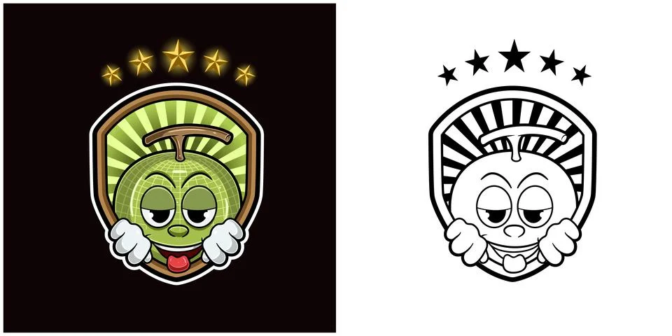 Melon Fruit Character Cartoon with High and Smiling. Badge and Stars Light. Stock Illustration