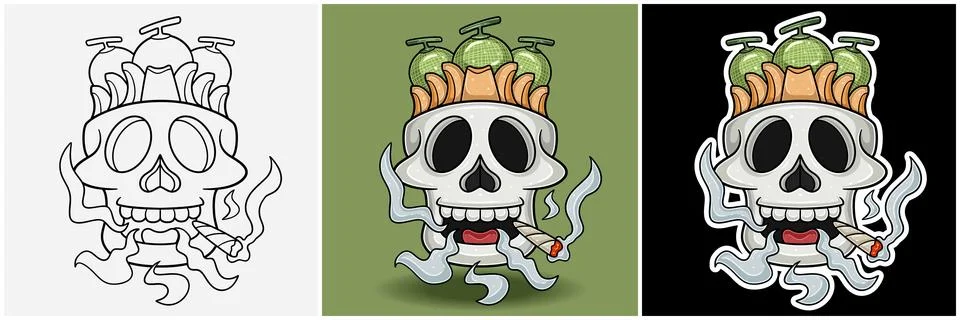 Melon Fruit Inside Skull Head With Smoking Character Cartoon. Black White, .. Stock Illustration