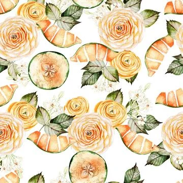 Melon fruit, seamless patterns on white background, watercolor illustration Stock Illustration