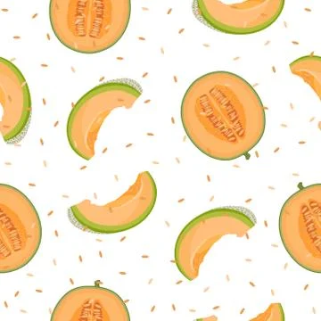 Melon half and slice seamless pattern on white background with seed, Fresh ca Stock Illustration