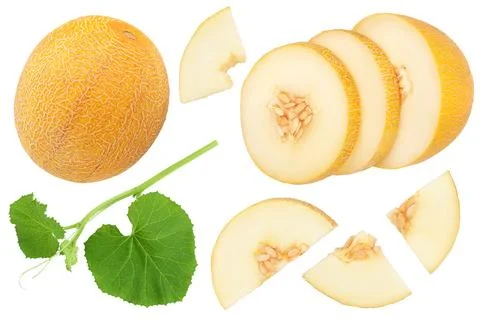 Melon half isolated on white background . Top view. Flat lay Stock Photos