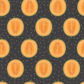 Melon half seamless pattern on black background with seed, Fresh cantaloupe m Stock Illustration