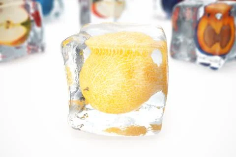 Melon in ice cube isolated on white with depth of field effects. Ice cubes with Stock Illustration