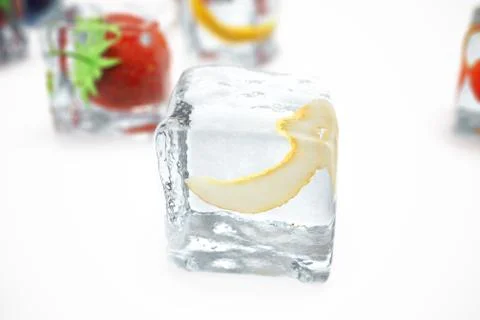 Melon in ice cube isolated on white with depth of field effects. Ice cubes with Stock Illustration