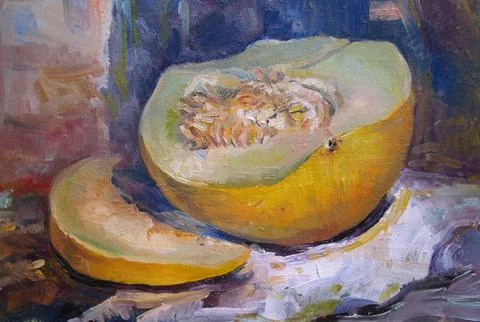 Melon. Oil on canvas texture. Hand painted. Modern art. Stock Illustration