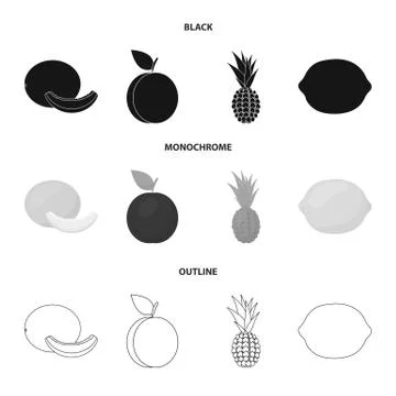 Melon, plum, pineapple, lemon.Fruits set collection icons in black,monochrome Stock Illustration