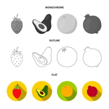 Melon, plum, pineapple, lemon.Fruits set collection icons in flat,outline Stock Illustration