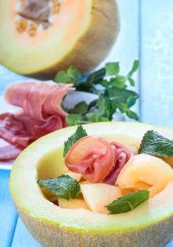 Melon with prosciutto Stock Photos