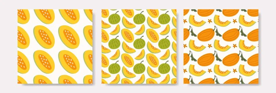 Melon Seamless Pattern Set with Fresh Fruit Slices Stock Illustration