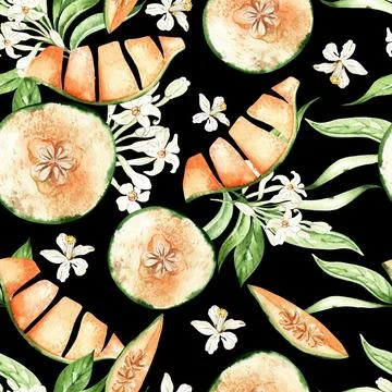Melon, seamless patterns on a black background, watercolor illustration Stock Illustration