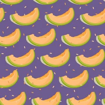 Melon slice seamless pattern on purple background with seed, Fresh cantaloupe Stock Illustration