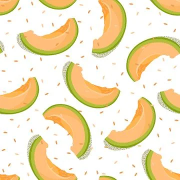 Melon slice seamless pattern on white background with seed, Fresh cantaloupe  Stock Illustration
