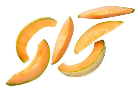 Melon slices flying on a white background. Isolated Stock Photos
