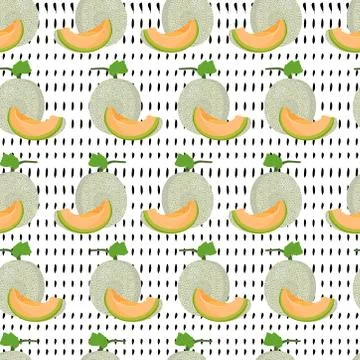 Melon whole and slice seamless pattern on white background, Fresh cantaloupe  イラスト素材