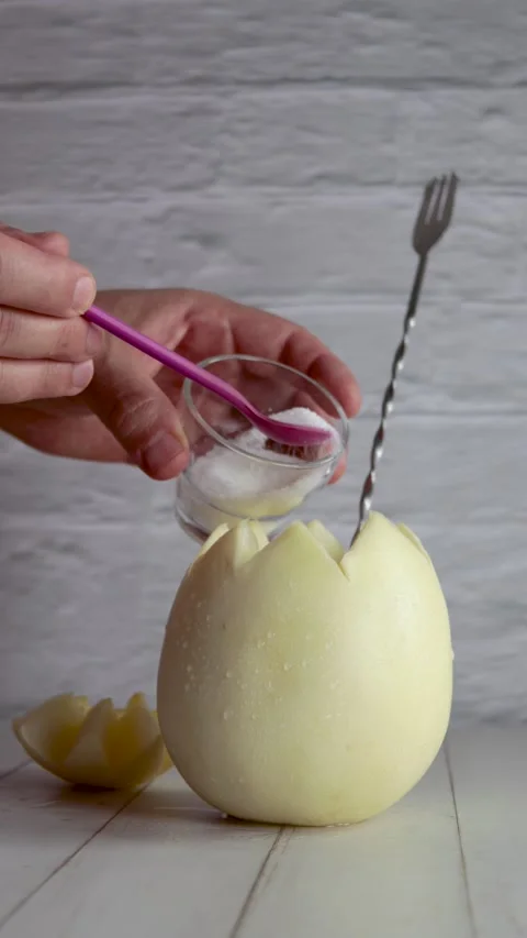 Melon with wine, white melvin, video, preparing, cocktail, adding, sugar. On  Stock Footage 258414717