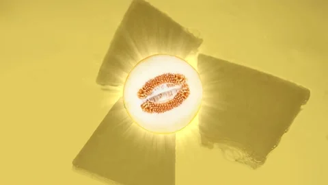 Melon on a yellow background. Rays of light. Rotating slice. Stock Footage 217994812