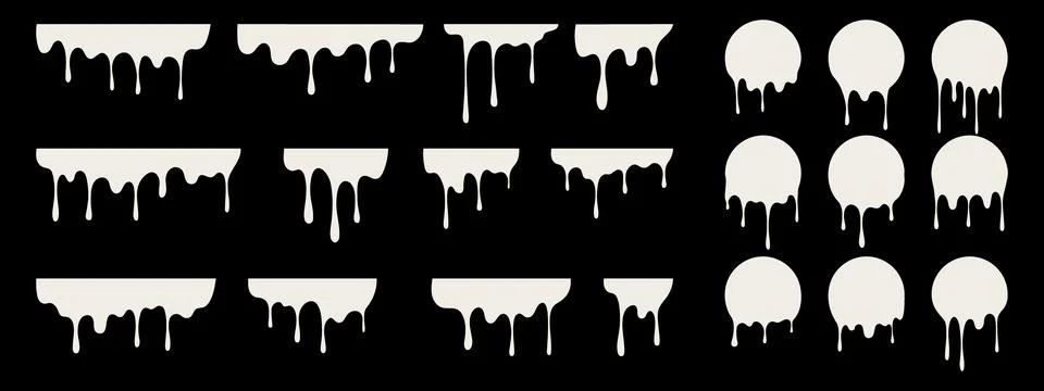 Melt drips paint circle set. Flowing milk liquid silhouettes and dynamic pa.. Illustrazione stock