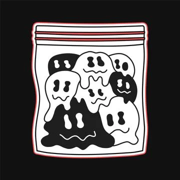 Melt smile face in plastic zip bag print for t shirt. Vector hand drawn doodle Stock Illustration