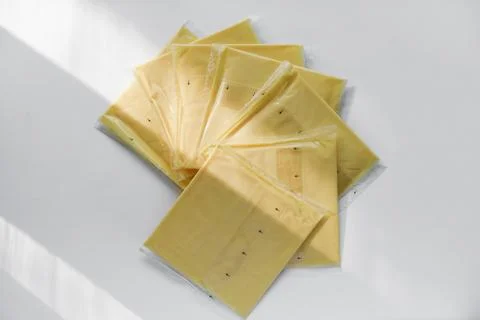Melted cheese in flat slices. Processed cream cheese for sandwiches. Stockfoto's