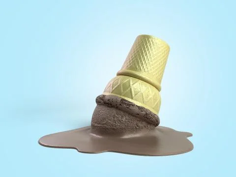 Melted chokolate ice cream in a waffle cup 3d render on blue gradient Illustrazione stock