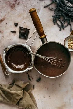 Melted dark chocolate flatlay Stock Photos