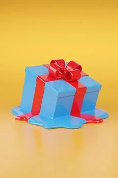 Melted gift box with bow isolated on yellow background. 3d illustration. Stock Illustration