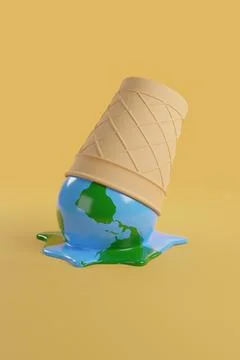 Melted ice cream in the shape of planet earth fallen to the ground. Global .. Illustrazione stock