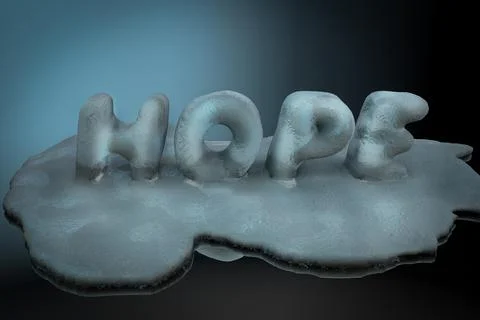 Melted ice in the shape of hope demonstrating lost hope concept. 3D illustrat Stock Illustration