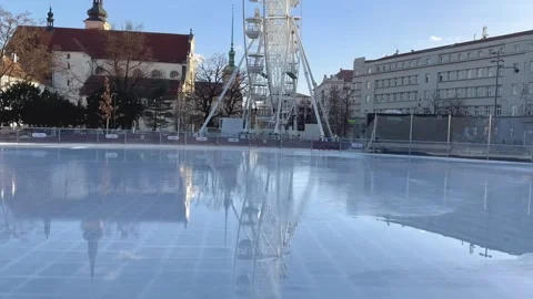 Melted Ice Surface Of The Open Air Public Ice Rink In The Center Of Brno. Stock Footage 264524045