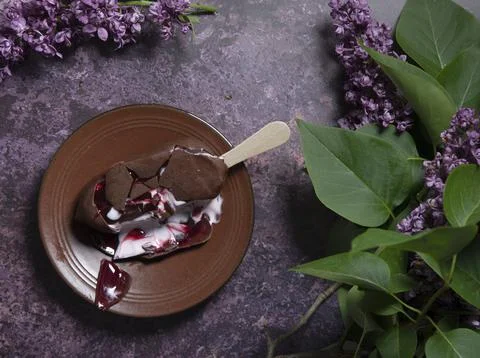 Melted raspberry ice cream in chocolate on a wooden stick on a dark table Stock Photos