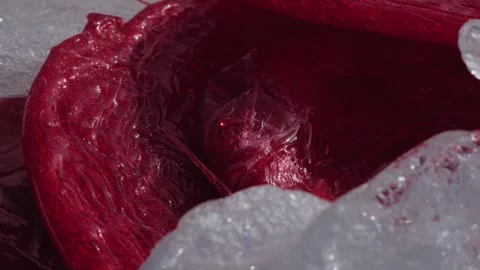 Melted Red Plastic Material Extruded in Recycling Factory Machine Close Up Stock Footage 336406870